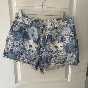 High waisted flower print denim shorts